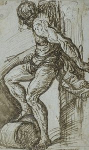Tizian (um 1488/90–1576), Studie für den heiligen Sebastian, ca. 1520, Feder in Braun, braun laviert, weiß gehöht, auf graublauem Büttenpapier, 18,2 × 11,5 cm, Städel Museum Frankfurt a.M. © Städel Museum – ARTOTHEK