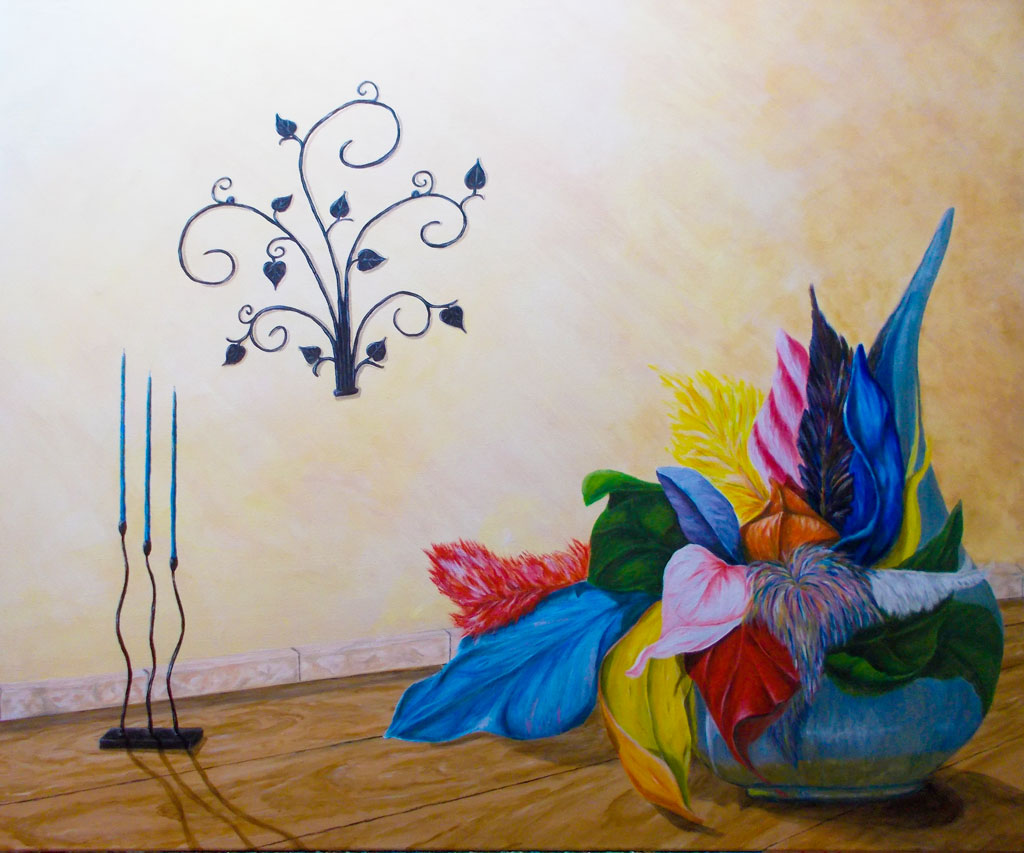 Stillleben mit Federblume, 100x120 cm, Acryl